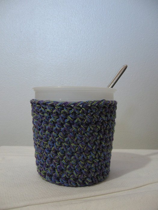 Handmade Crochet Ice Cream Pint Cozy in Blue, Purple and Green Tweed N3