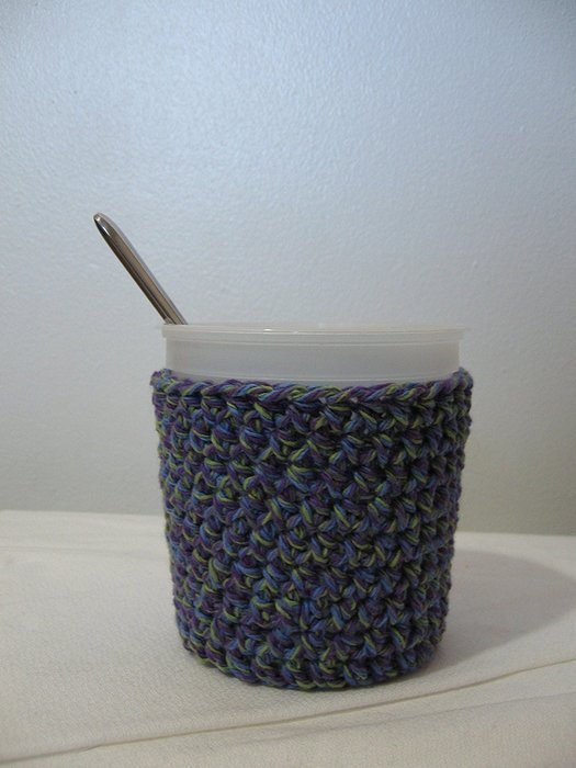 Handmade Crochet Ice Cream Pint Cozy in Blue, Purple and Green Tweed N4