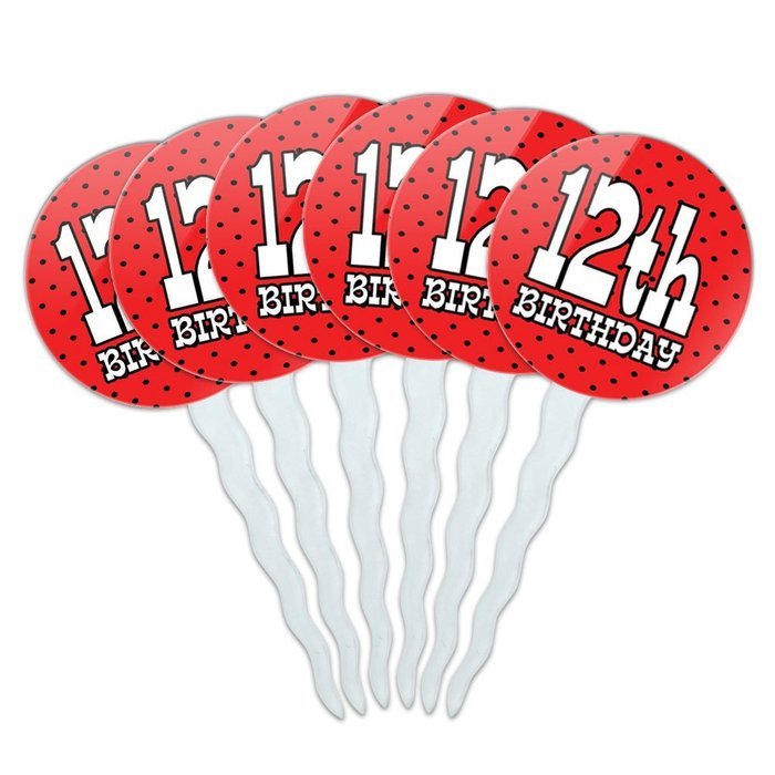 Set of 6 Cupcake Picks Toppers Decoration Birthday Party Red Black Polka Dots - 90 Ninety N24