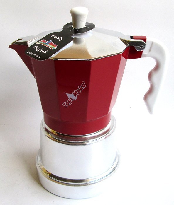 Top Moka: "Top" Aluminium Coffee Maker, Red with Silver Boiler Chamber, 3-Cups [ Italian Import ] N2