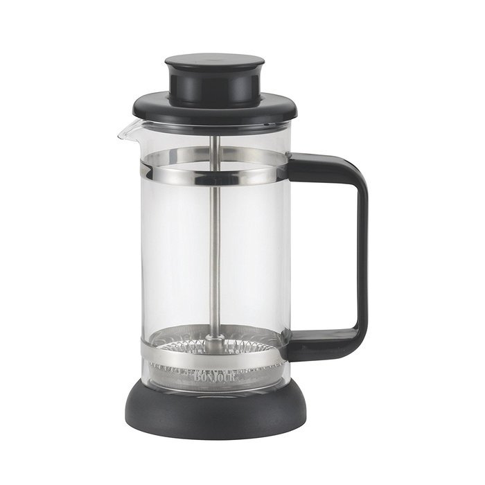 BonJour Coffee Borosilicate Glass French Press with Coaster & Scoop, 12.7-Ounce, Riviera, Black N6
