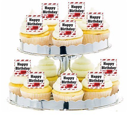 CakeSupplyShop Item#24277 24pk Fire Engine Happy Birthday Edible Cupcake Decoration Toppers / Picks