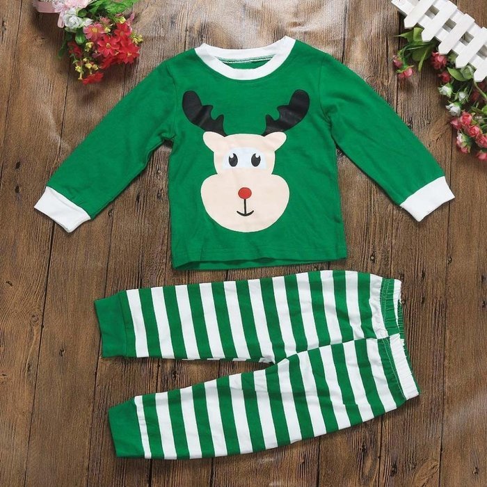 Sleepwear ,BeautyVan Kid Baby Christmas Elk Print Stripe Long Sleeve Top Shirt+Pants Outfits Set (130, Green) N12