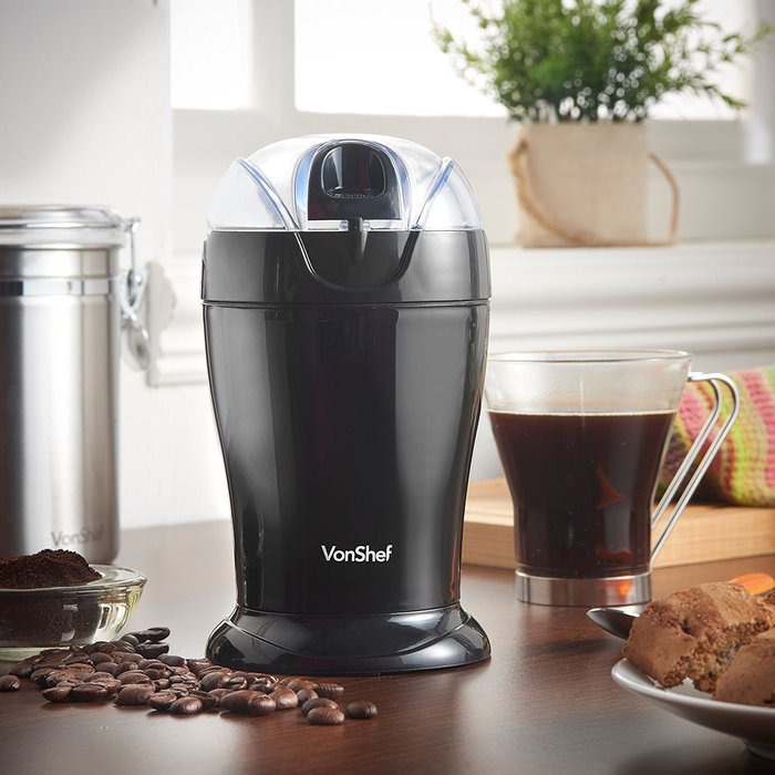 VonShef Whole Coffee Bean, Nut & Spice Grinder - Powerful 150W Motor with Stainless Steel Twin Blades N6