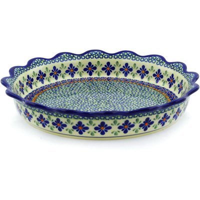 Polish Pottery Fluted Pie Dish 11-inch Gingham Flowers N4
