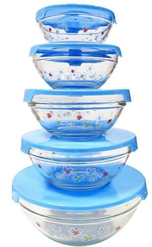 Imperial 5 Pcs Glass Nested Dipping or Storage Bowls with Blue Lids and Blue Flower Design