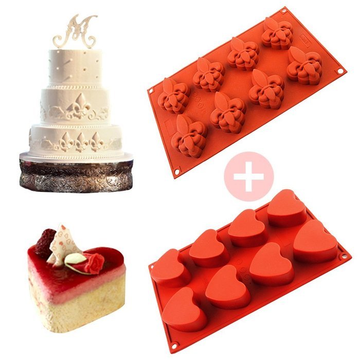 Silicone Baking Mold [2 PACK],2win2buy 8-Cavity Fleur-de-lis & Heart-shape Silicone Bakeware Ice Cube Mold for...