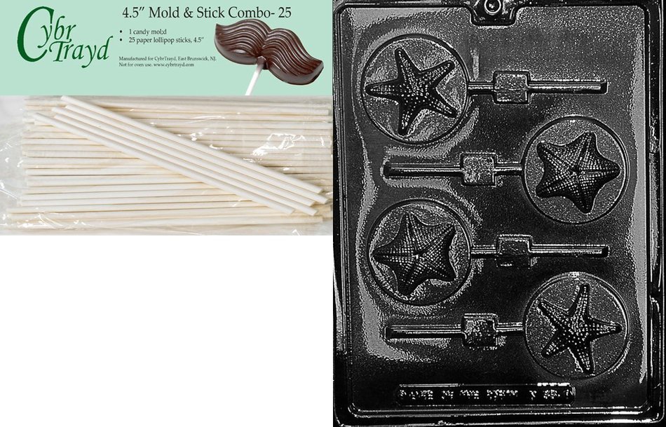 Cybrtrayd 45St25-N055 Starfish on Round Pops Nautical Chocolate Candy Mold with 25-Pack 4.5-Inch Lollipop Sticks
