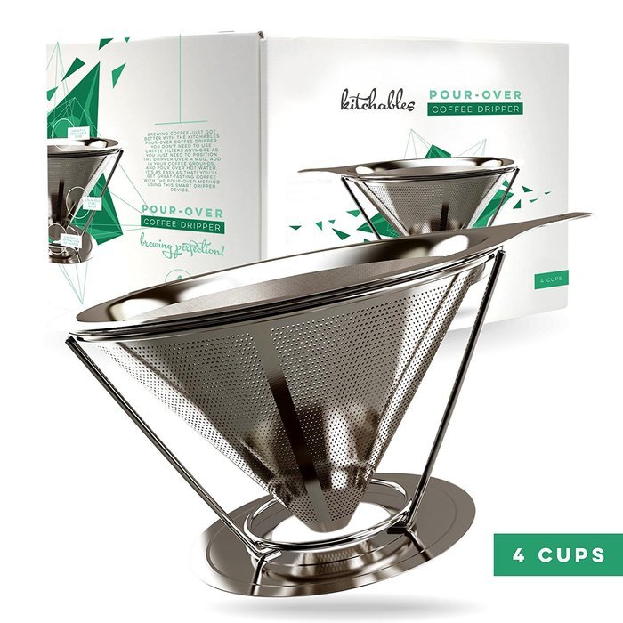 Pour Over Coffee Filter - Stainless Steel Drip Cone Dripper with Stand. Paperless, Reusable, Dual Filter Micro-Mesh... N9