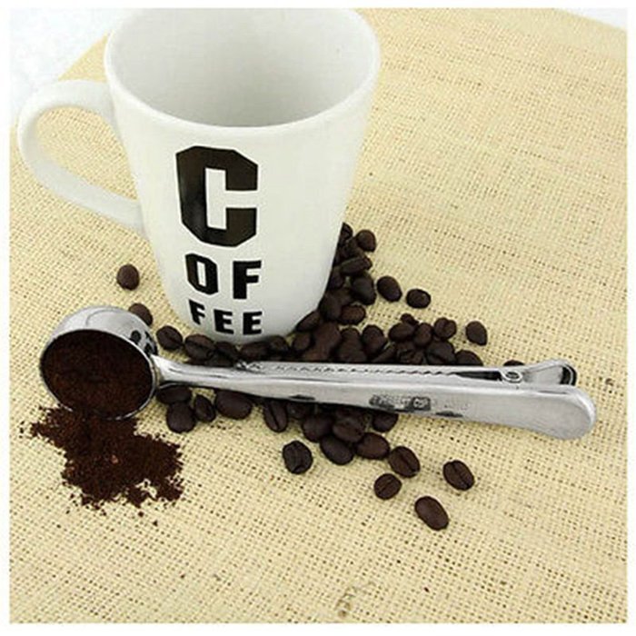 TXIN 2 in1 Stainless Steel Ground Coffee Measuring Scoop Spoons Bags Seal Clip Silver N8