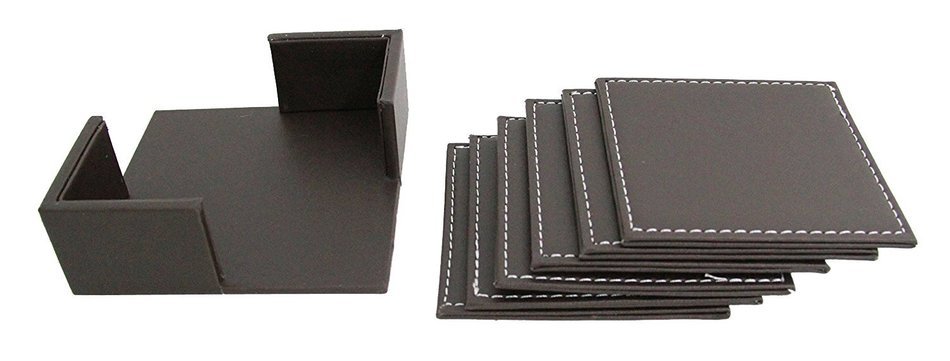 Willcome Set of 6 Leather Round Drink Coasters Cup Mats with Coaster Holder for Wine Beer or Any Beverage Use N13