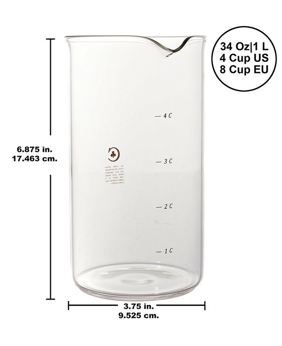 French Press Toughened Glass Cafe Crush Club Carafe 32/34 Ounce, Strong 1 Liter, Universal Beaker N4