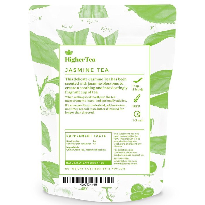 Jasmine Tea 3 oz, By Higher Tea (40 Cups) Certified Organic Premium Loose Leaf Tea, Resealable Bag N2