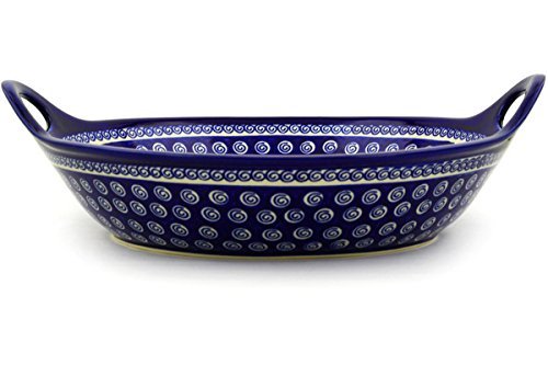 Polish Pottery Bowl with Handles 16-inch Cobalt Swirl N3