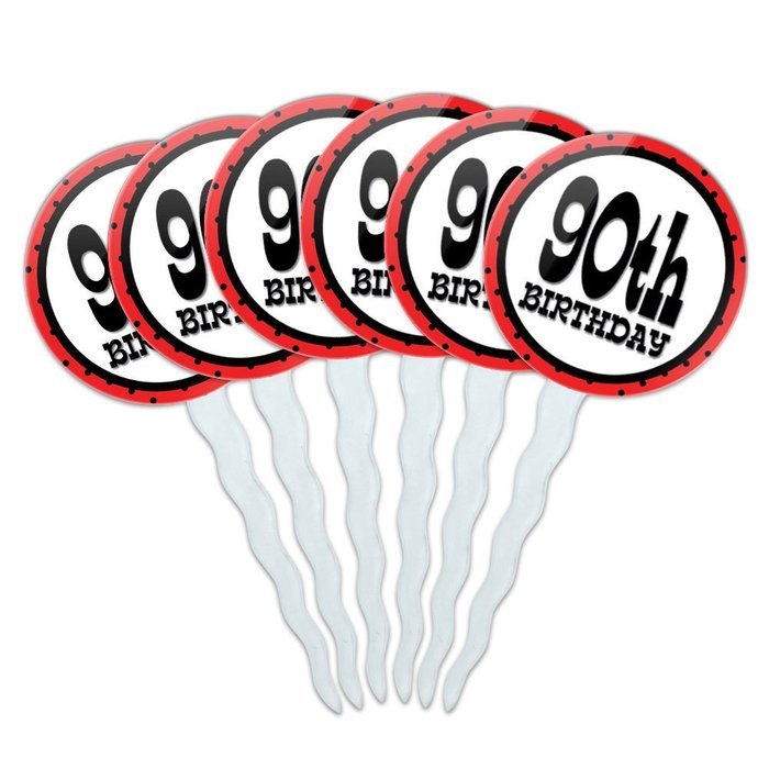 Set of 6 Cupcake Picks Toppers Decoration Birthday Party Red Black Polka Dots - 90 Ninety N25