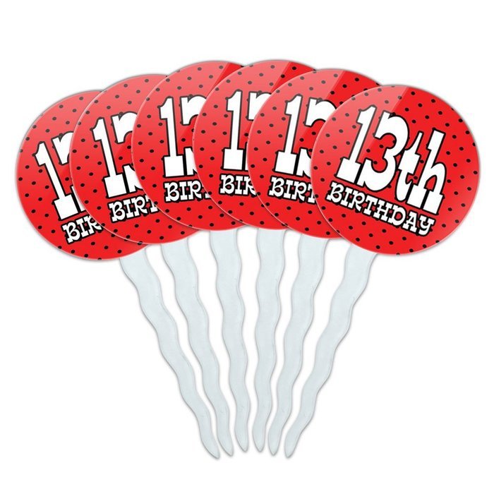 Set of 6 Cupcake Picks Toppers Decoration Birthday Party Red Black Polka Dots - 90 Ninety N27