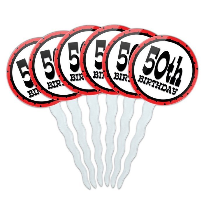 Set of 6 Cupcake Picks Toppers Decoration Birthday Party Red Black Polka Dots - 90 Ninety N28