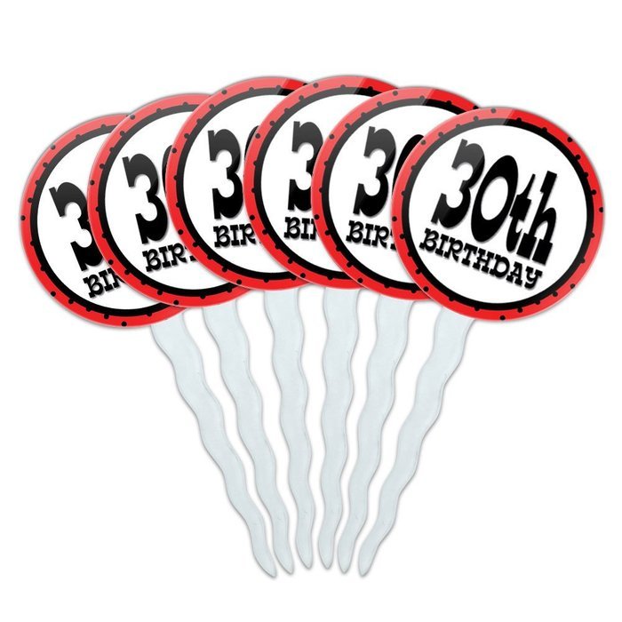 Set of 6 Cupcake Picks Toppers Decoration Birthday Party Red Black Polka Dots - 90 Ninety N29