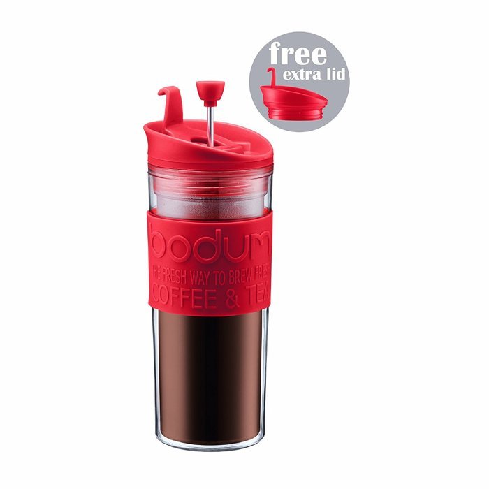 Bodum Double-Wall 16-Ounce Thermal Plastic Travel Coffee and Tea Press with Bonus Tumbler Lid, Red N3