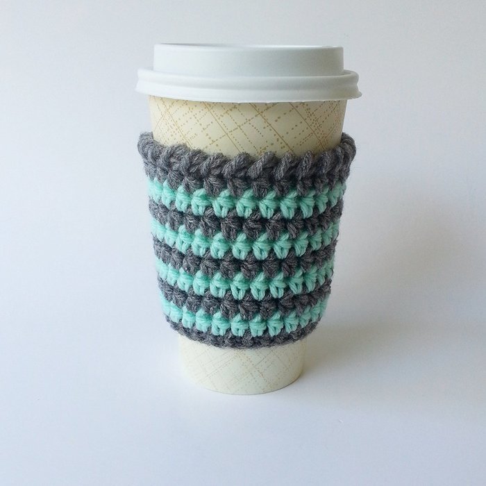 Cafe Latte Cozy, Crochet Coffee Sleeve, Striped Coffee Cup Sleeve, Mint and Grey Cup Cozy