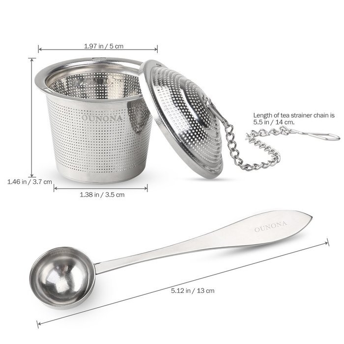 OUNONA Tea Strainer Loose Tea Infuser 304 Stainless Steel Tea Steeper (Set of 2) with Tea Scoop and Drip Trays N3