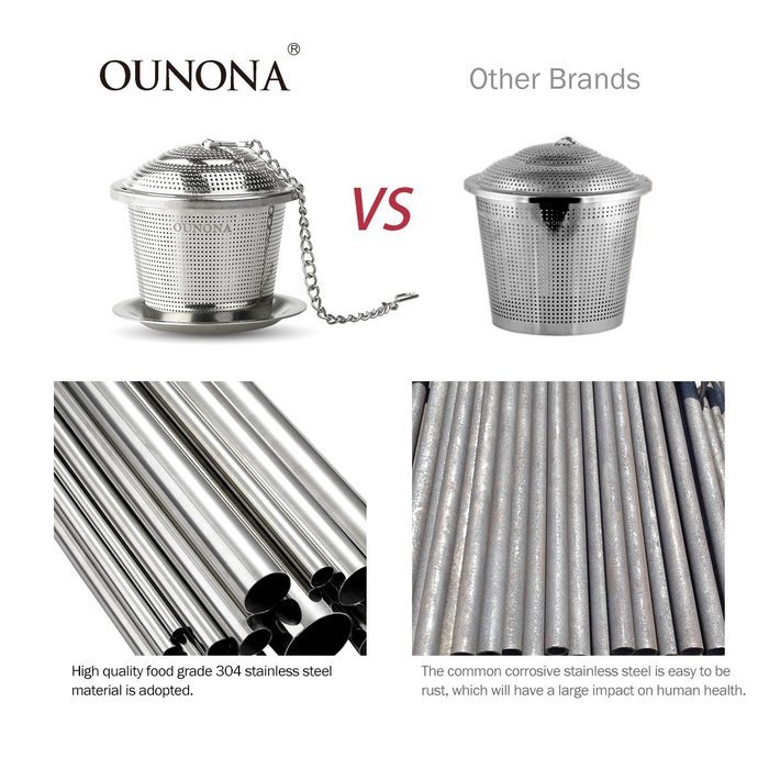 OUNONA Tea Strainer Loose Tea Infuser 304 Stainless Steel Tea Steeper (Set of 2) with Tea Scoop and Drip Trays N4