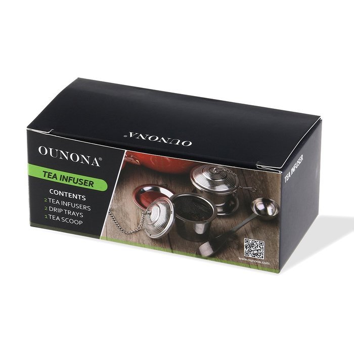 OUNONA Tea Strainer Loose Tea Infuser 304 Stainless Steel Tea Steeper (Set of 2) with Tea Scoop and Drip Trays N5