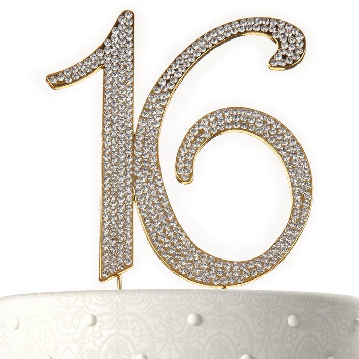 Sweet 16 Rhinestone Cake Topper for 16th Birthday or Anniversary (Gold) by BrightandBold