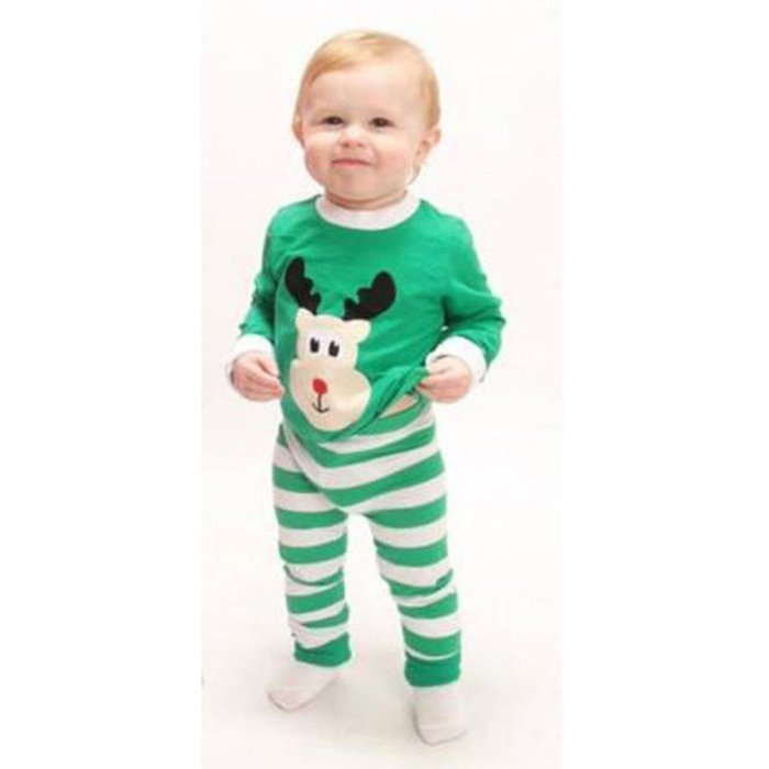 Sleepwear ,BeautyVan Kid Baby Christmas Elk Print Stripe Long Sleeve Top Shirt+Pants Outfits Set (130, Green) N15