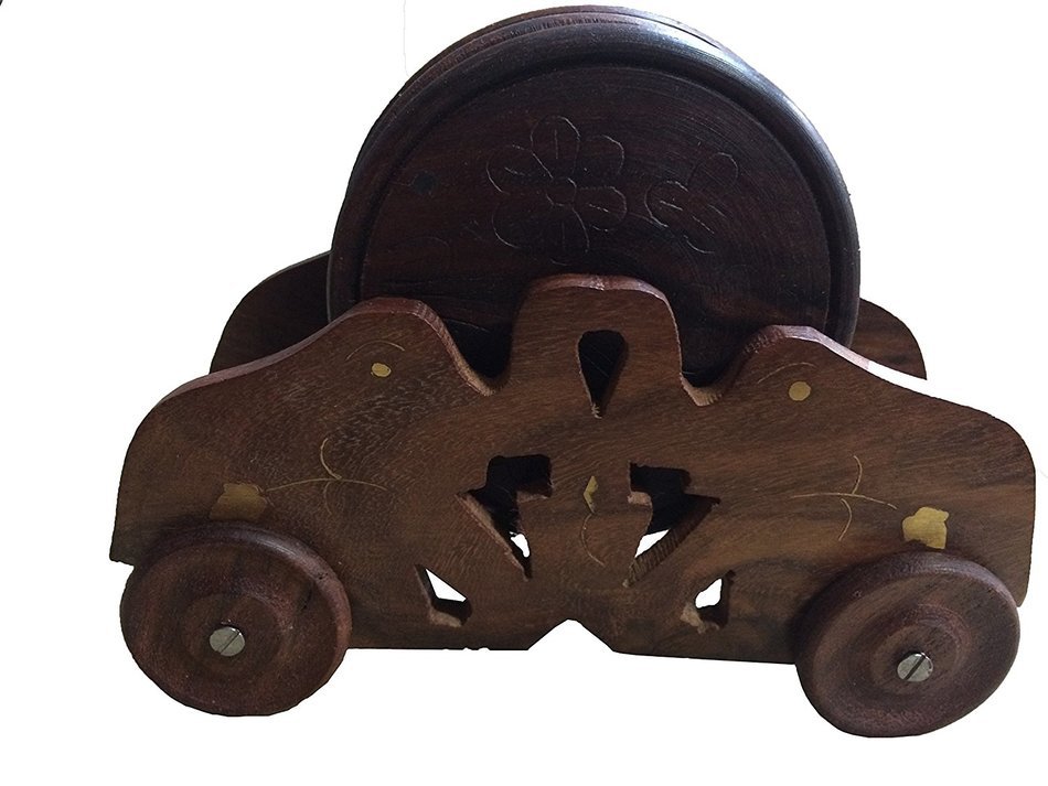 IndiaBigShop Wooden Drink Coasters Set of 6 in a Car Shaped Holder with Brass Inlay, Handicrafted by Indian Artician