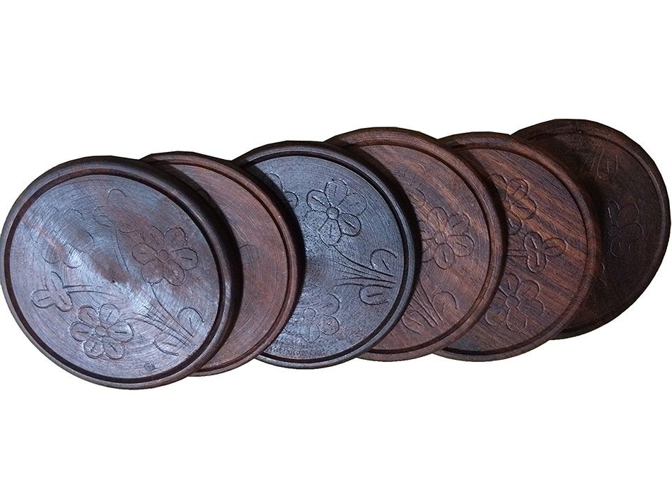 IndiaBigShop Wooden Drink Coasters Set of 6 in a Car Shaped Holder with Brass Inlay, Handicrafted by Indian Artician N3