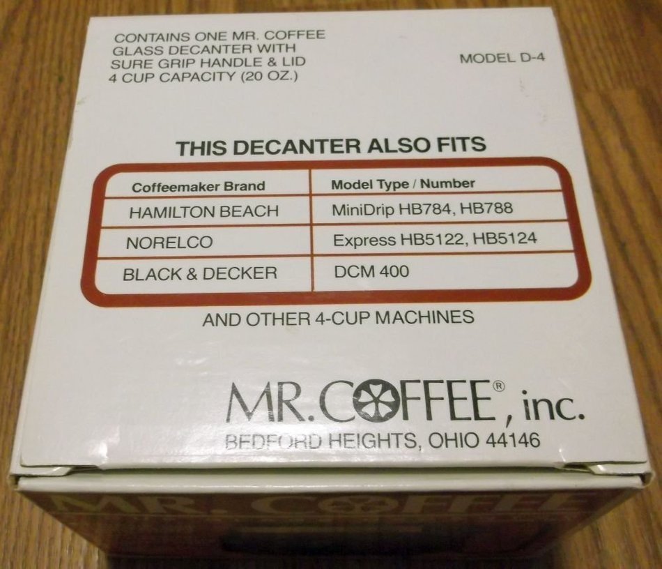 Mr Coffee D4 4 cup coffee replacement carafe BLACK N3