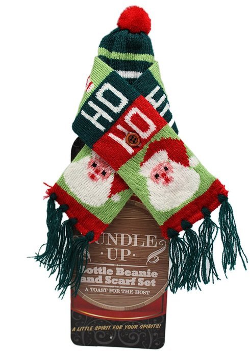 Bundle Up Ho Ho Ho Santa Claus Design Beanie and Scarf Bottle Cozy