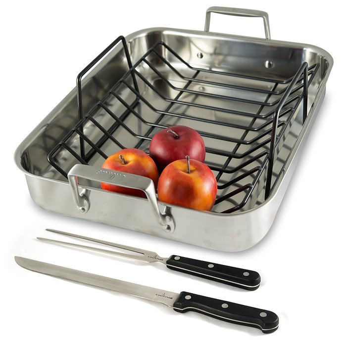 Culina Oven to Stove 16 Roaster Pan Tri-ply Stainless Steel with Non-stick Roasting Rack and Bonus Carving Set. N4