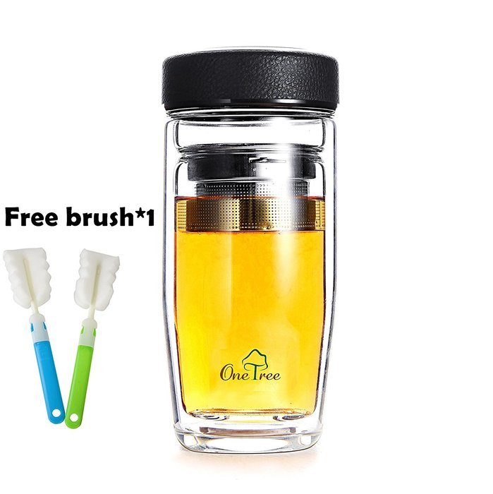 One Tree Double Walled Glass Water Bottle With Tea Infuser, Bpa Free And No Leak For Tea Fruit And Coffee, With... N4