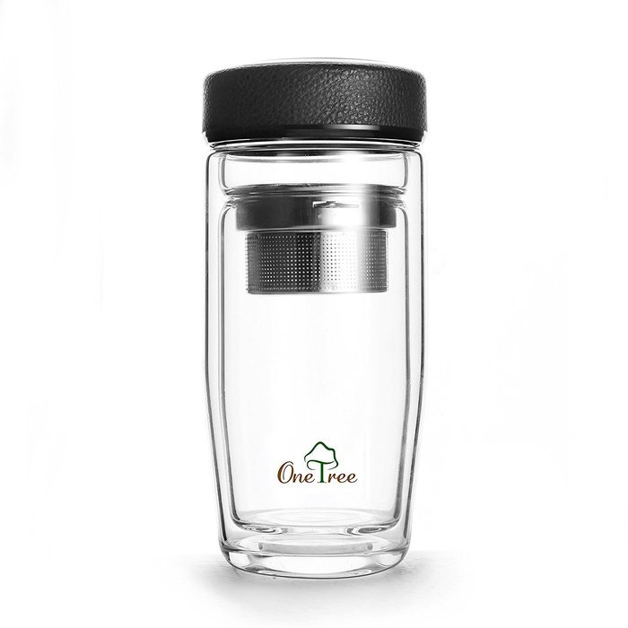 One Tree Double Walled Glass Water Bottle With Tea Infuser, Bpa Free And No Leak For Tea Fruit And Coffee, With... N5