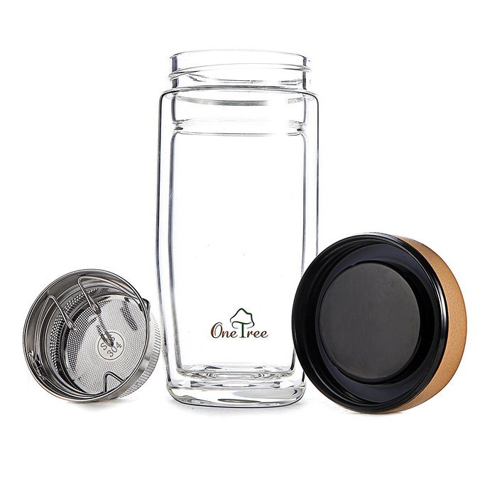 One Tree Double Walled Glass Water Bottle With Tea Infuser, Bpa Free And No Leak For Tea Fruit And Coffee, With... N6