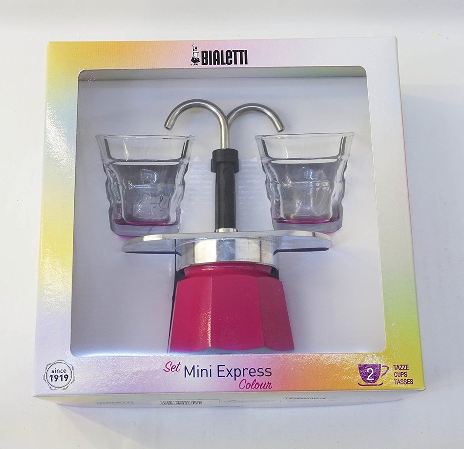 Bialetti: Set Mini Express Colour 2-Cups FUCHSIA + 2 Bialetti Transparent Coffee Glasses with Fuchsia Bottom [... N2