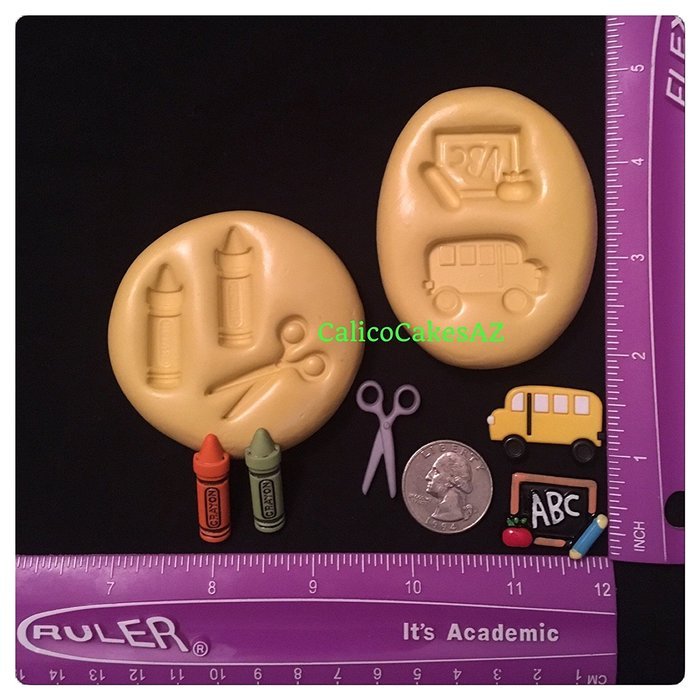 School Theme Fondant Mold Set Bus ABC Crayon Scissors Candy Resin Soap Clay