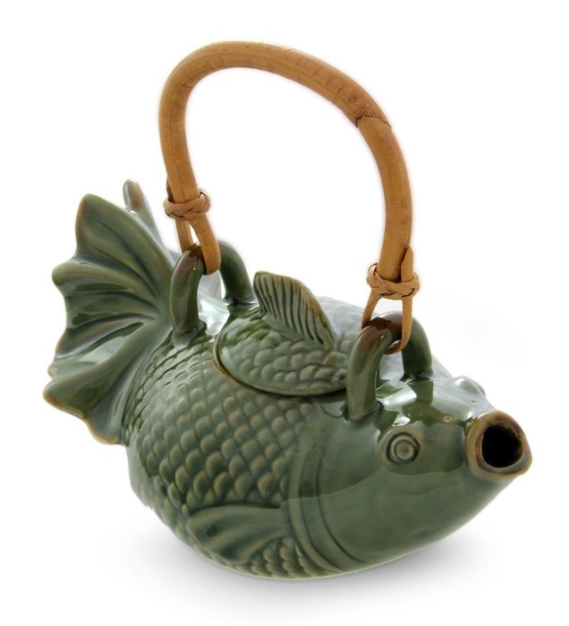 NOVICA Animal Themed Ceramic Teapot, Green, 'Green Koi'