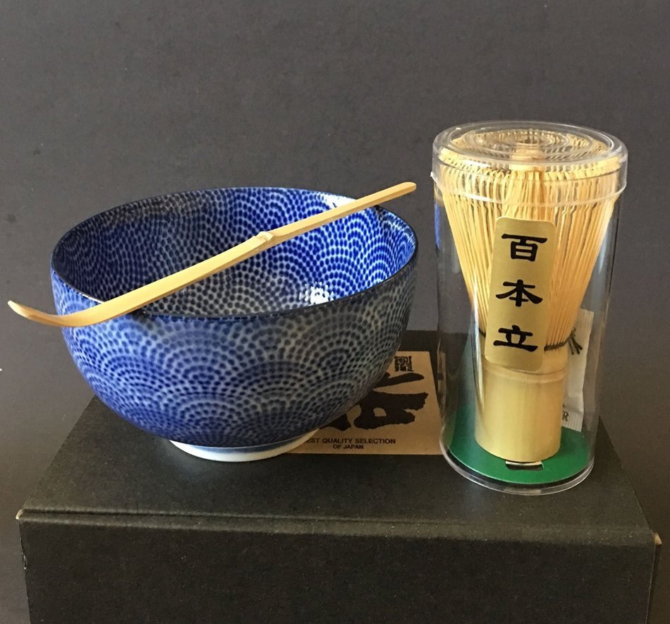 Japanese Nami Wave Porcelain Matcha Bowl Bamboo Scoop 100 Whisk Tea Ceremony Set N2