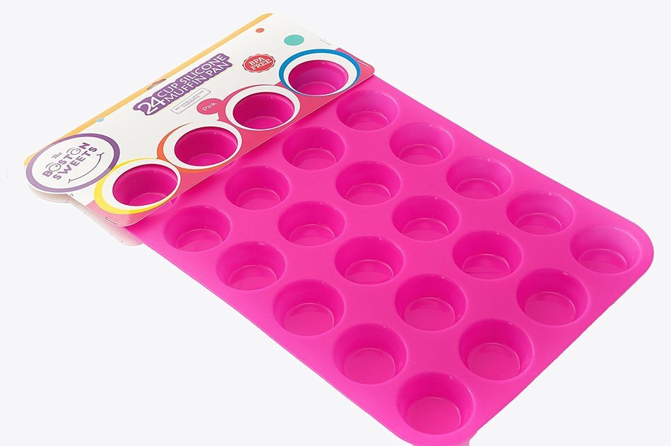 Silicone Mini Muffin & Cupcake Pan - 24 Cups Pink Mold & Baking Tray- Reusable, Non-Stick Bakeware - Heat Resistant... N10