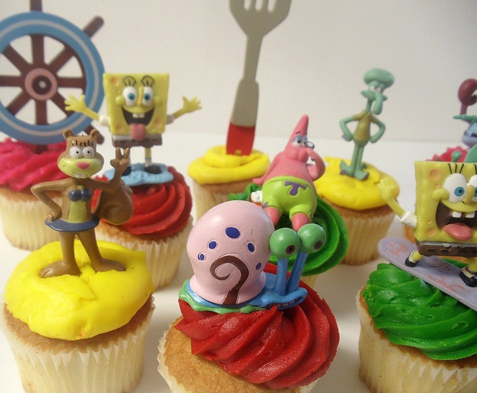 Spongebob SquarePants 11 Piece Birthday Cupcake Topper Set Featuring 2" to 3" Cupcake Toppers of Squidward, Sandy... N3