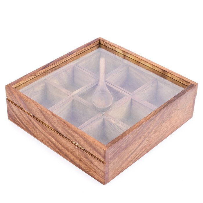 Rusticity Wood Tea / Spice Storage Box with Plastic Lid, Spoon and 9 removable pockets | Handmade | (8x8 in) N2