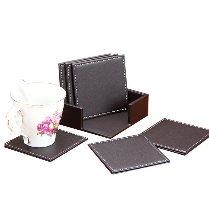 Willcome Set of 6 Leather Round Drink Coasters Cup Mats with Coaster Holder for Wine Beer or Any Beverage Use N19