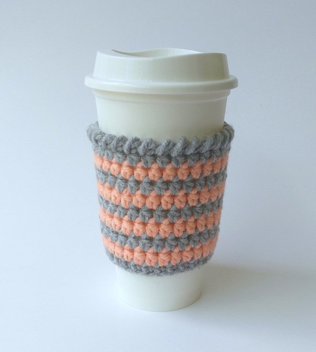 Cafe Latte Cozy, Crochet Coffee Sleeve, Coffee Cozy, Striped Coffee Cup Sleeve, Coral and Grey Cup Cozy