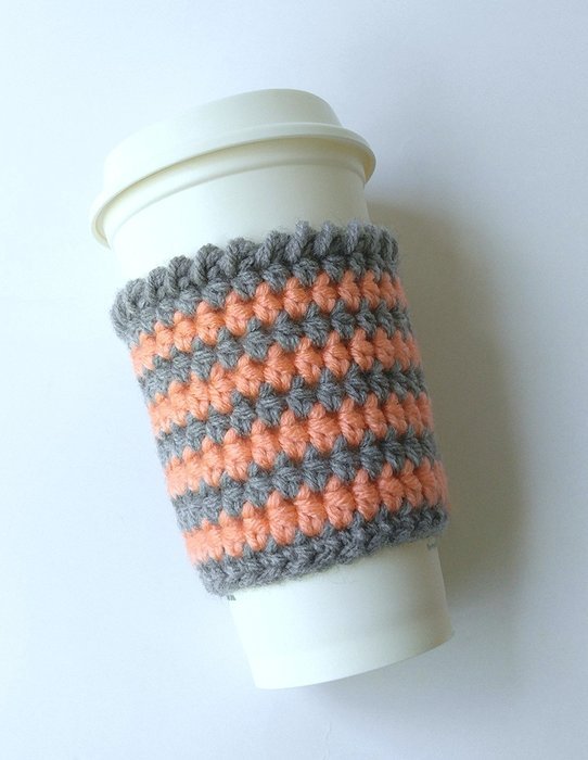 Cafe Latte Cozy, Crochet Coffee Sleeve, Coffee Cozy, Striped Coffee Cup Sleeve, Coral and Grey Cup Cozy N3