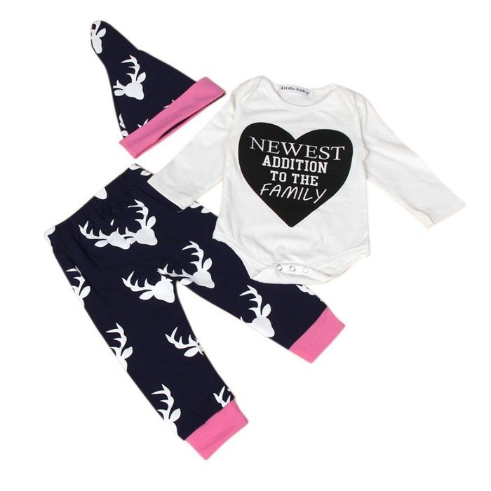 Clothes Set ,BeautyVan Newborn Baby Elk Print Girl Boy Tops Romper +Long Pants Hat Outfits Set Clothes (12M, White) N5