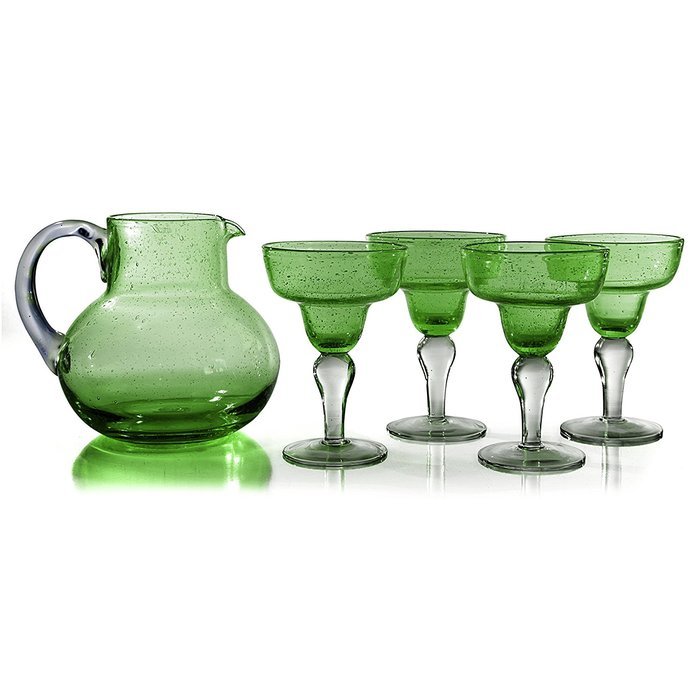 Artland Iris Seeded Turquoise 5 Piece Hand Blown Glass 2.8 Quart Pitcher and Margarita Glass Set N2