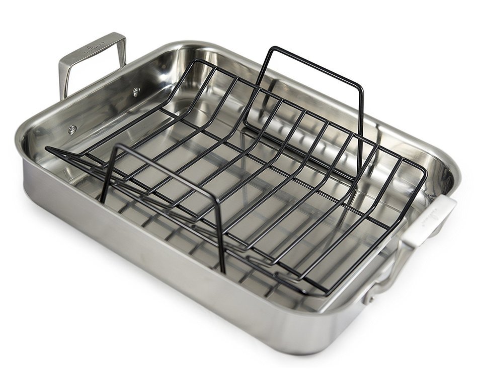 Culina Oven to Stove 16 Roaster Pan Tri-ply Stainless Steel with Non-stick Roasting Rack and Bonus Carving Set. N6